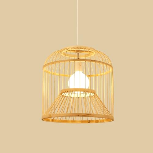 Image of CHUNGYANG Farmhouse Pendant Light Fixture Dome Birdcage Bamboo Pendant Lamp Height Adjustable Wire Natural Bamboo Lampshade Hanging Ceiling Lights Boho Hand Woven Lamp Fixture for Kitchen Island