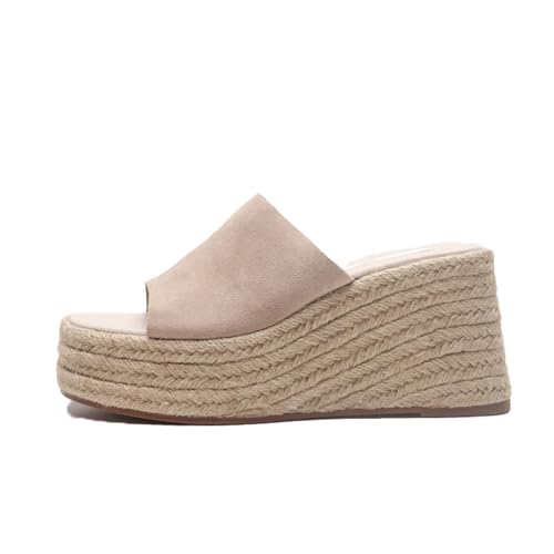 Women'S Leather Slip-On Platform Wedge Sandals Fashion Round Open Toe Espadrille High Heel Bohemian Slide Sandals Casual Summer Beach Parties Sandals