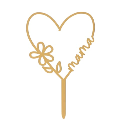 dekora - Cake Topper Día de la Madre en Forma de Corazón - Decoración para Tartas Apta para Contacto Alimentario - Topping de Plástico para Decorar Tartas o Pasteles - Dorado - Medidas 16 x 11 cm