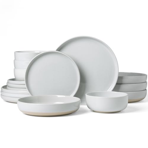 Image of Famiware Milkyway Stoneware Dinnerware Sets with Pasta Bowls, Service for 4 (16 Pieces), Plates and Bowls Sets -Scratch Resistant, Microwave and Dishwasher Safe Dishes Set, Light Gray