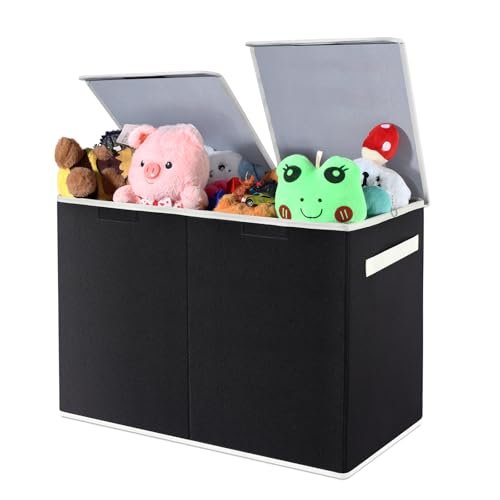 Modojuny Foldable Toy Storage Box with Lid & Handle - Large 600D Oxford Fabric Organiser Chest with Divider (57.5x29.5x39.5cm) for Kids' Toys, Clothes, Nursery | Black