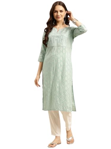 Image of rangita Mint Green Rayon Calf Length Embellished Straight Kurti for Women | Kurta for Women