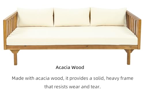 image for Merax Outdoor 3 Seater Daybed, Acacia Wood Day Bed Couch Sofa with Cus