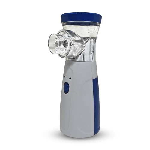 Image of Sahyog Wellness Handheld Portable Silent Mesh Nebulizer with Adult and Child Mask, USB Charging Cable for House & Travel Purpose (White & Blue)