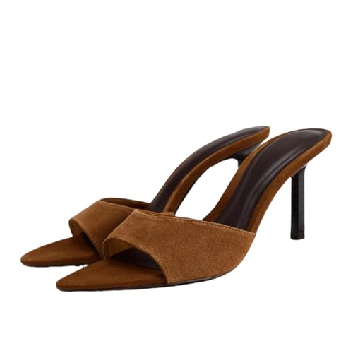 Women's Open Pointed Toe Kitten Heels Mules Suede Leather High Heel Sandals Backless Slip On Stiletto Heels Sandals Dress Party Shoes