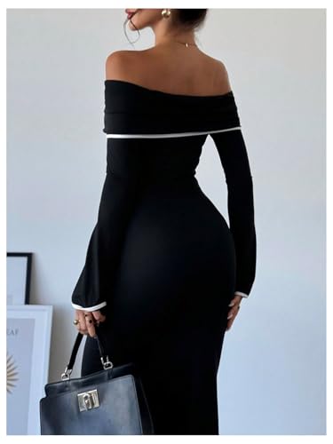 GORGLITTER Women's Off The Shoulder Bell Sleeve Bodycon Maxi Dress Birthday Cocktail Dinner Fishtail Long Dress2