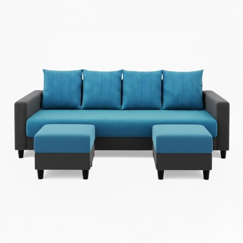 Image of Strikon Plush 6 Seater L Shape Sofa Set with 2 Movable Ottoman | Flexible Layout |Silken Velvet Suede | Designer Sofa for Living Rooms & Office Spaces (Dark Grey & Aqua Blue)