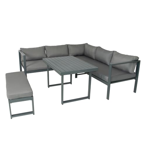 CONCEPT USINE | Salon de Jardin 6 Places Marbella Gris Foncé | Canapé d’Angle + Banc + Table Basse | Structure Acier Résistante | Coussins Déhoussables Confort 10 cm | Moderne Extérieur Terrasse