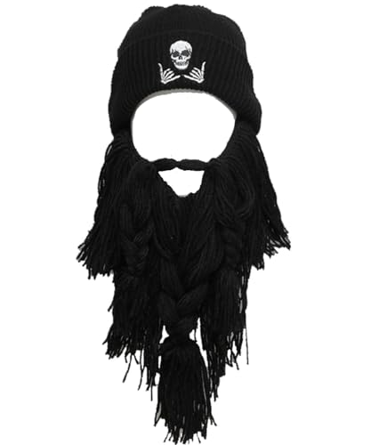 YEKEYI Creative Barbarian Knit Beard Hat Funny Knit Hat Wig Beanie Hat Facemask Removable Beard Black