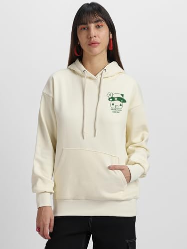 Image of JUNEBERRY Cotton Fleece Regular Fit Hooded Sweatshirt Lastest Back Graphic Printed Winter Hoodies for Women (Available in Colors: Black, SOYA Bean, Orange, Marshmellow, White & Lilac)