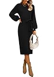 MIROL Women's 2025 Fall Sweater Dress Crew Neck Long Puff Sleeve Tie Waist Knit Midi Dress with Belt Black