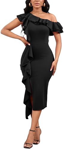 Image of Dresses for Women Elegant Long Sleeves Ruffles Pencil Knee Length Split Business Dress with Belt Zipper