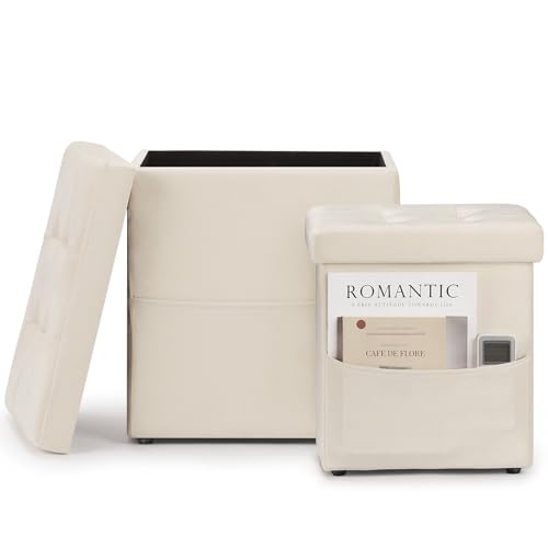 OGEMXU Ottoman with Storage, Set of 2 Footstool with Side Pocket, 16.8 Inches Small Upholstered Ottoman Foot Rest, Multifunctional Ottomans for Living Room, Bedroom, Singel Sofa, Cream