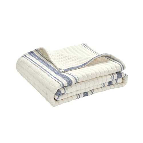 Image of Lush Decor Farmhouse Stripe Kantha Pick Stich Yarn Dyed Cotton Woven Throw Reversible Ticking Pinstripe Design Blanket, 50 inch x 60 inch, Navy
