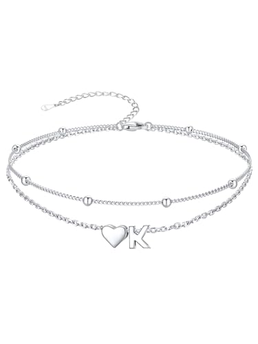 Image of SILVERCUTE Silver Anklets for Women, Waterproof Initial Heart Ankle Bracelets Sterling Silver, Adjustable Layered Foot Jewelry Summer Beach Fashion with Personalized Name Design, Gift Package