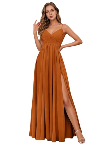 Fair Lady Burnt Orange Bridesmaid Dresses Long Ball Gowns with Slit Chiffon Ruching Western Maid of Honor Dress Floor Length Spaghetti Straps V Neck A Line Formal Evening Party Gowns for Women US14