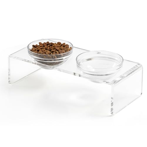 Feoyoho Elevated Acrylic Pet Bowl Stand Raised Cat & Dog Bowls with 2 Glass & 2 Stainless Steel Bowls Modern Clear Design Non-Slip Easy to Clean Perfect for Small Pets 3.75 Tall