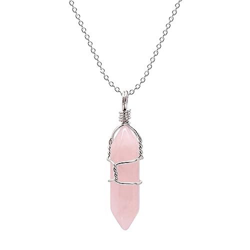 Paialco Hand Wired Natural Rose Quartz Crystal Point Healing Chakra Pendant Necklace