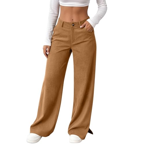 Corduroy Pants for Women Casual Business Pants Fashion Button Straight Leg Trousers Side Slits Legs Gym Sports Pant