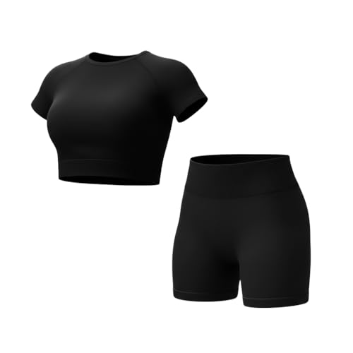 Velichor Conjuntos de Entrenamiento para Mujer Top Corto Costuras 2 Piezas Pantalones Cortos Cintura Alta Ropa Yoga Fitness Gimnasio, S, Negro