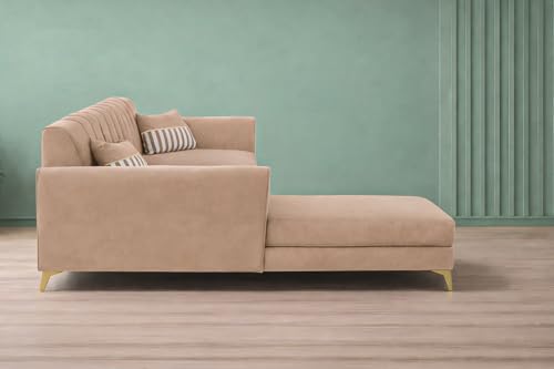 Image of Adorn India Premium Luster 6 Seater L Shape Sofa Set | Velvet Suede Fabric | 3-Year Warranty | LHS |Color Beige with Golden Legs & Striped Pattern Cushion