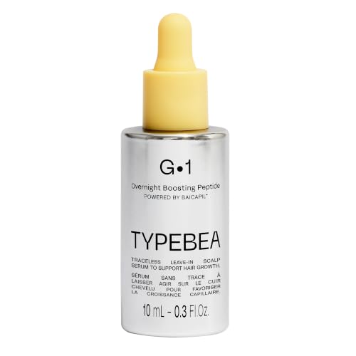 Beige TYPEBEA G1 travel size peptide hair serum bottle — the 10ml flight-ready format shows this is a trial size, not a full course