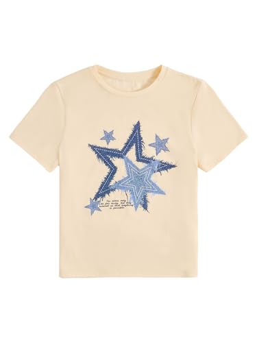 Image of RoseSeek Girl's Geometric Star Graphic Tee Tops Casual Summer Short Sleeve Crew Neck T Shirt