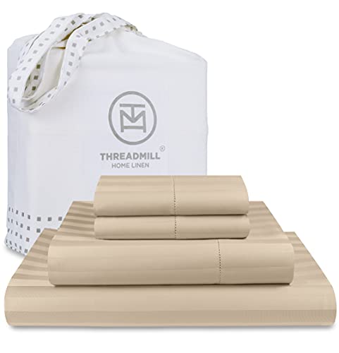 Threadmill 500 Thread Count Full Size Damask Stripe 4 Pc Luxury Cotton Sheet Set, Breathable Light Beige Sheets With 16" Elasticized Deep Pocket, 2 Pillowcases & Free Tote Bag #TOP7