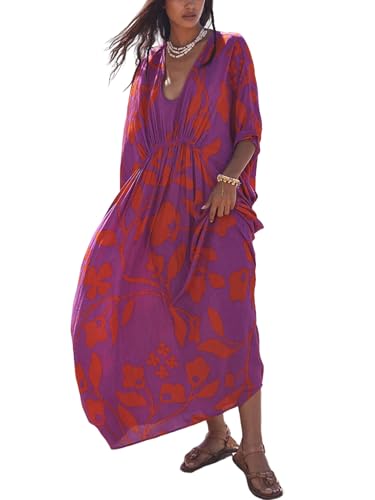 Image of Moss Rose Kaftan Dresses for Women V Neck Summer Swimsuit Cover up Caftan Maxi Beach Dresses