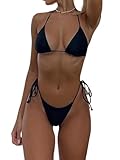 Sunloudy Women's Two Piece Bikini Swimsuit Halter Triangle Tops Tie Side Thong Bathing Sexy String Bikini Sets Swimwear (B-Black, S)