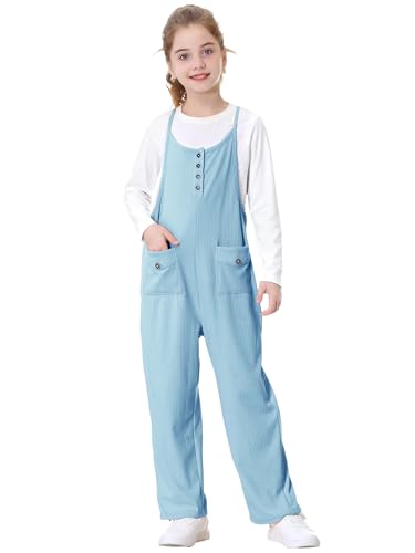 Rolanko Girls Jumpsuits Dungarees Sleeveless Adjustable Strapes Overalls Loose Playsuits Rompers Long Pants with Pockets for Teen Kids, Blue, Size: 6-7 Years/130