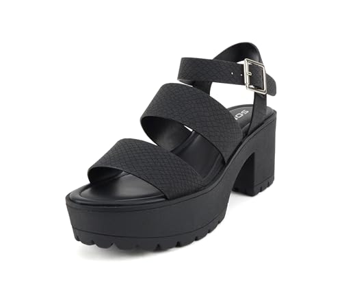 Image of Soda ACCOUNT ~ Women Open Toe Two Bands Lug sole Fashion Block Heel Sandals with Adjustable Ankle Strap