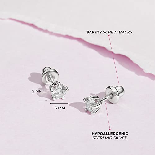 925 Sterling Silver Hypoallergenic 4mm Solitaire Simulated Birthstone Earrings for Girls - Round Simulated Birthstone Kids Earrings Cubic Zirconia for Toddlers - CZ Safety Back Earrings4