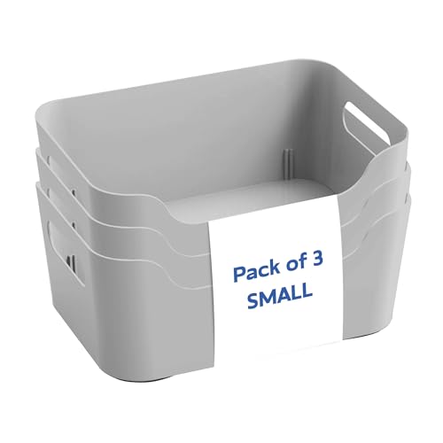 Image of KOLORR Jolly Plastic Small Baskets with Handle for Storage Box| Multipurpose Light Weight Plastic Baskets organiser for Make-up Stationary Cosmetics Kitchen Livingroom Bathroom | Pack of 3 - Grey