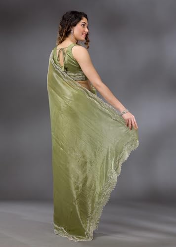 Image of TRENDMALLS Women's Tussar Silk Siroski With Zarkan Work Saree with Unstitch Blouse Piece