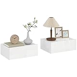 HOMCOM Juego de 2 Mesitas de Noche Flotantes con Cajón, Blanco Brillo