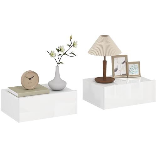 HOMCOM Juego de 2 Mesitas de Noche Flotantes con Cajón, Mesillas de Noche Dormitorio, Montado en la Pared, Estilo Moderno, para Sala de Estar, 40x30x15 cm, Blanco Brillo
