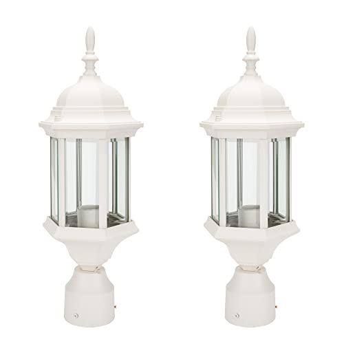Lit-Path Outdoor Post Lighting Pole Lantern Fixture With One E26 Base Max 60W, Aluminum Housing Plus Glass, 2-Pack, White Finish #TOP8