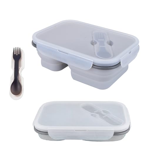 alouweekuky Faltbare Brotzeitbox, Auslaufsichere Lunchbox mit Fächern aus Silikon Bento Lunchbox Brotdose Lebensmittel mit zwei Fächern und Löffel und Gabel für Erwachsene/Kinder