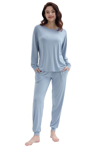 Joyaria Bamboo Viscose Pajamas for Women Long Sleeve Jogger Pjs Ladies Sleepwear(Dusty Blue, XXL)