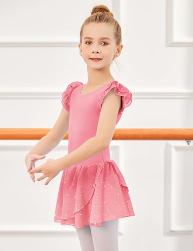 Image of Arshiner Girls Ruffle Sleeve Ballet Dance Dress Tutu Skirted Leotard