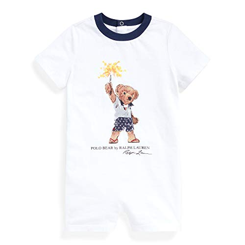 Ralph Lauren Baby Boys Sparkler Bear Cotton Shortall Romper (White(5001) Gold, 3 Months)