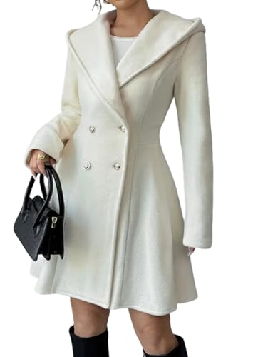 Image of chouyatou Women Winter Double Breasted Hooded Wool Coat Casual A-Line Wool Trench Coat Peacoat with Hood (X-Large, Off White)