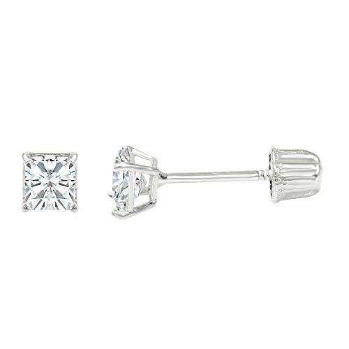 14K White Gold Square Solitaire Princess Cut Cubic Zirconia Cz Stud Screw Back Earrings - 0.5Ct (4Mm) #TOP4
