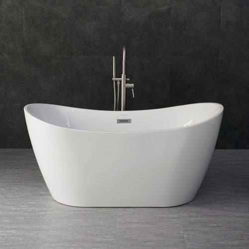 WOODBRIDGE 59' Acrylic Freestanding Bathtub Contemporary Soaking White Tub with Chrome Overflow and Drain