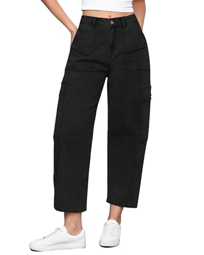GRAPENT Trousers - Women's Cute Cargo Pants, Baggy Denim, Cropped Jeans - True Black, X-Large Size 16 to 18