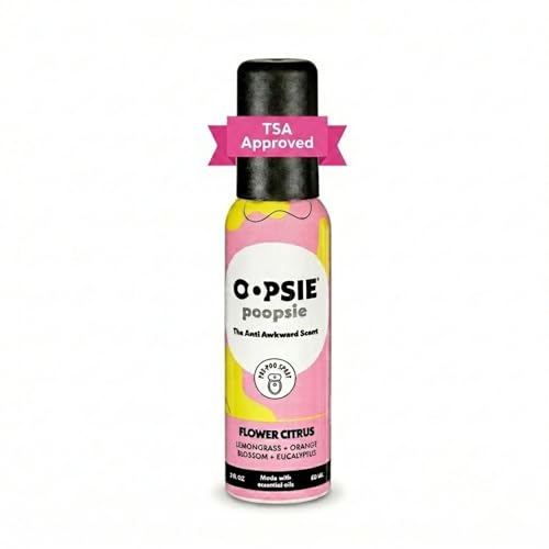 Oopsie Poopsie Toilet Spray Travel Essentials Each Up to 300 Uses On-The-Go Bathroom Odor Deodorizer with Essential Oils TSA Approved Size Flower Citrus 1 Pack 2 Fl Oz
