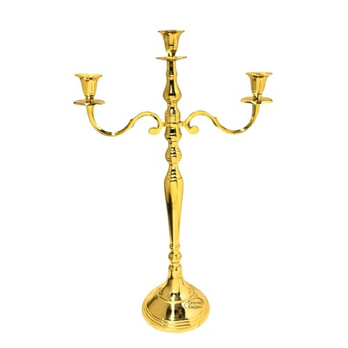 Image of Decorative Aluminum Brass Gold Plated Three Arm Candelstick Holder Stand for Dinning Table | Centerpiece Decor | Wedding Gift |