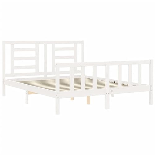 Homgoday Canapé con cabecero blanco de 160 x 200 cm, madera maciza, cama sommier, cama con marco de cama, estructura para salón y dormitorios - imagen 5