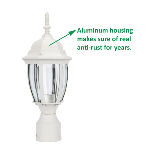 Lit-Path Outdoor Post Light Pole Lantern Lighting Fixture With One E26 Base Max 60W, Aluminum Housing Plus Glass, Matte White Finish, 1-Pack #TOP1